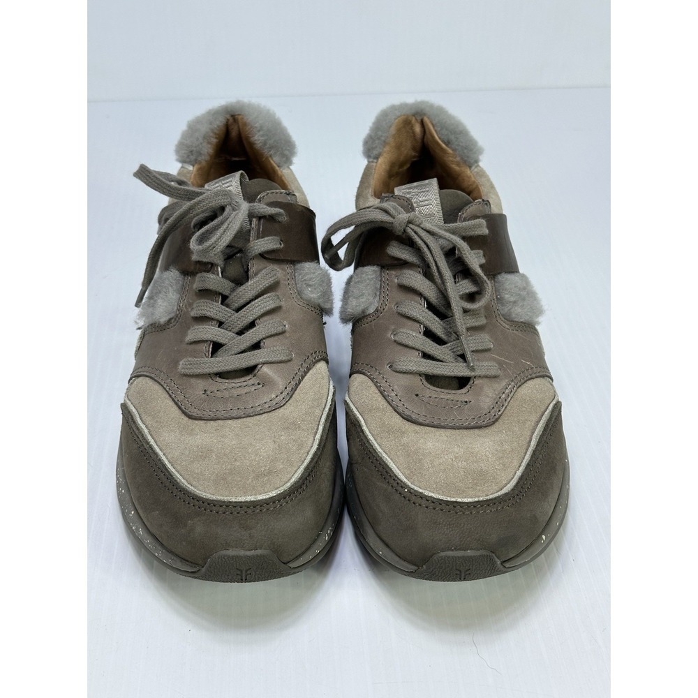 Frye Willow Womans Sneakers Gray Taupe Brown Suede Shearling Decor Sneakers 8.5